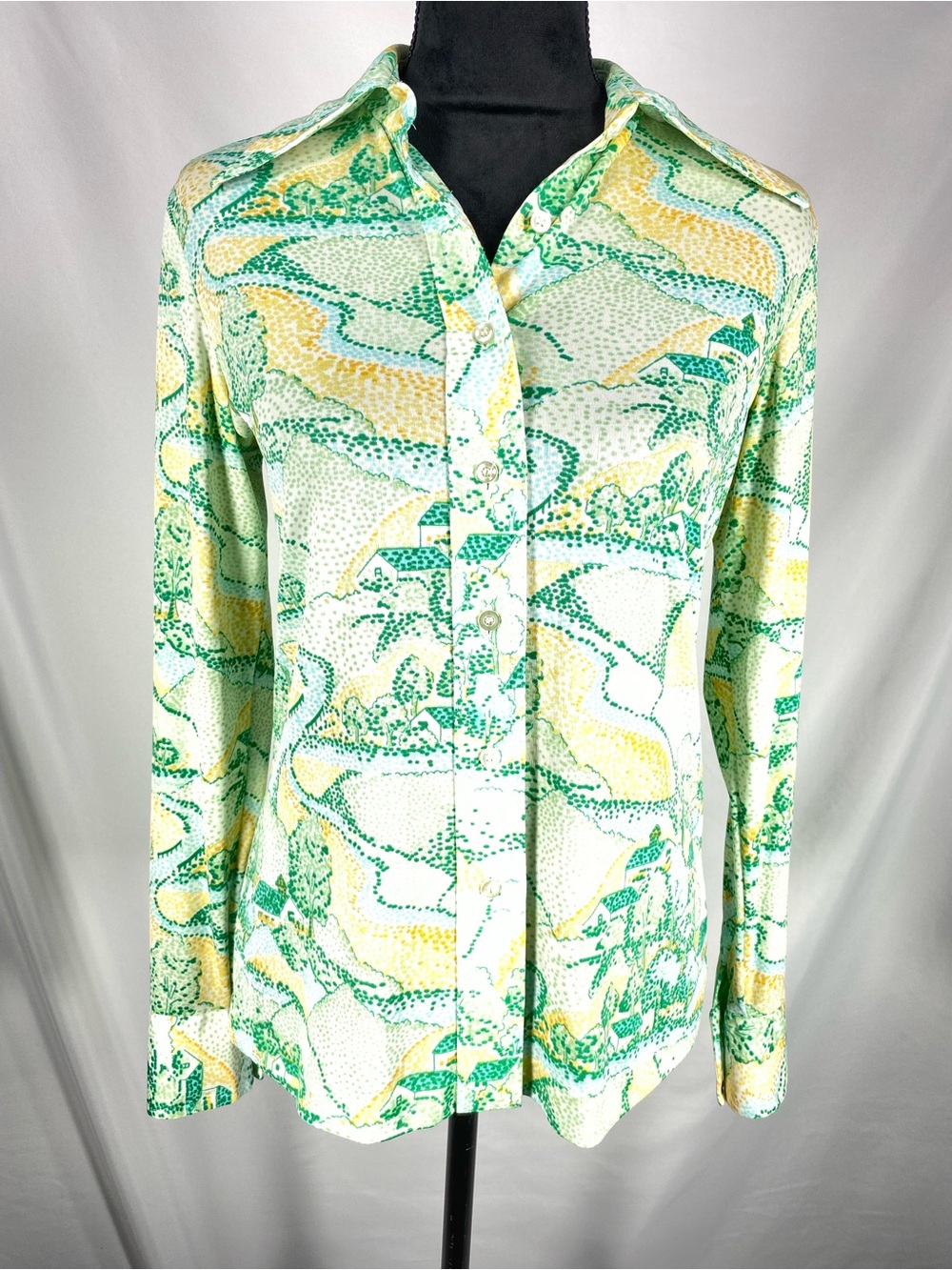 Sweet Potato Vintage Landscape Print Butterfly Collar Blouse Green Yellow